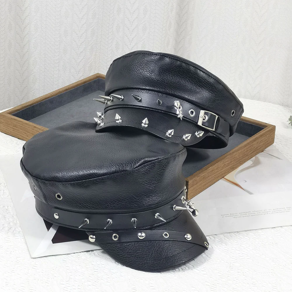Punk Chain Rivet PU Newsboy Hat, Cool And Bold Girl Style Navy Halloween Dark-themed… — image 8