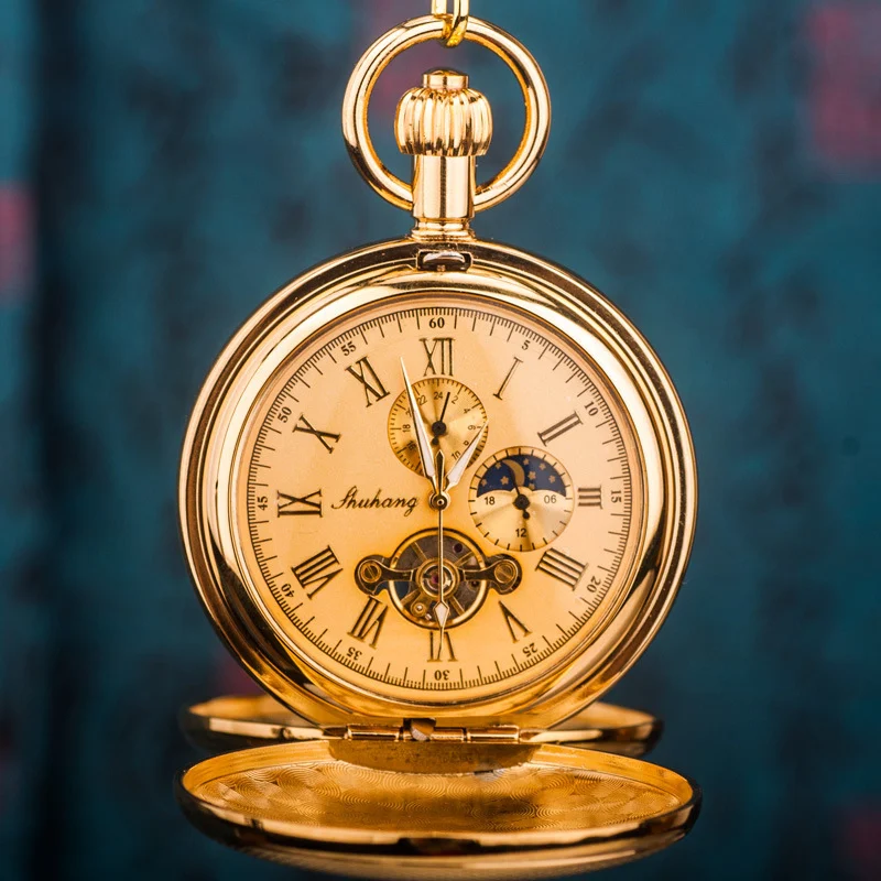 Pure Copper Double-opening Flip-top Mechanical Pocket Watch Sun Moon And Stars — image 3