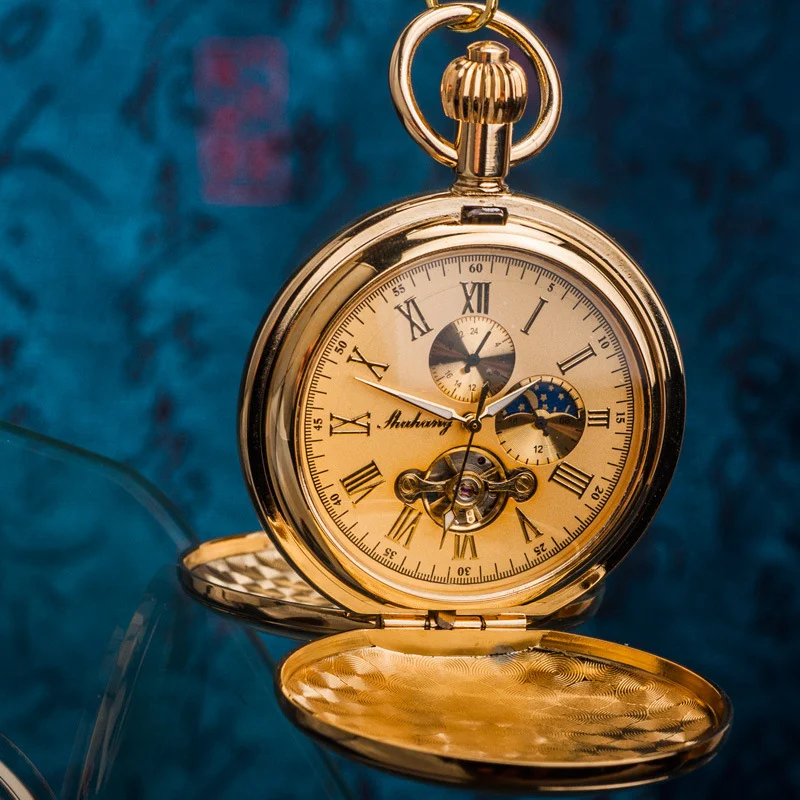 Pure Copper Double-opening Flip-top Mechanical Pocket Watch Sun Moon And Stars — image 4