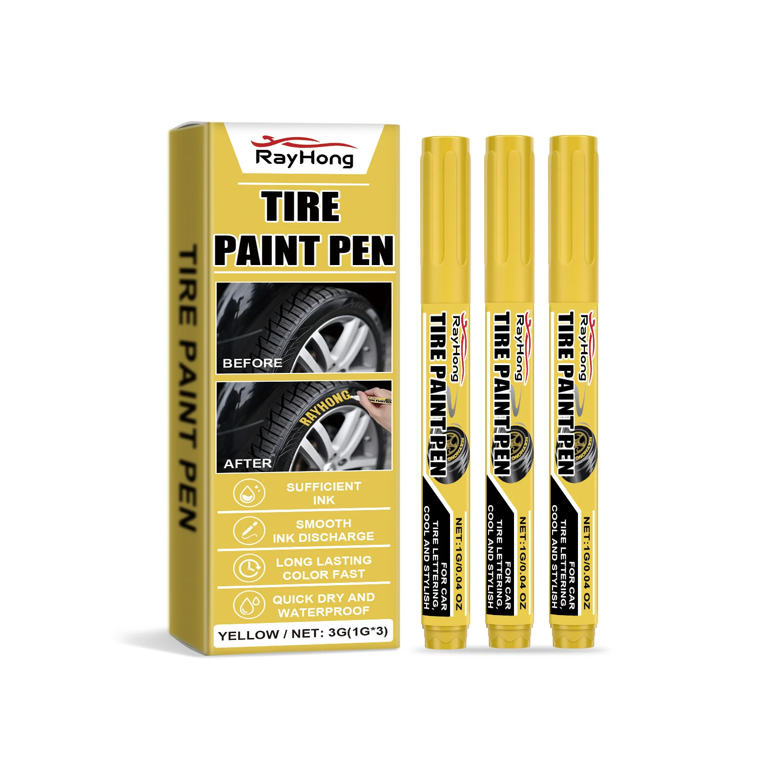 Rayhong Yellow Car Tire Paint Pen Art Painting Waterproof Long-lasting Oil-based — image 2