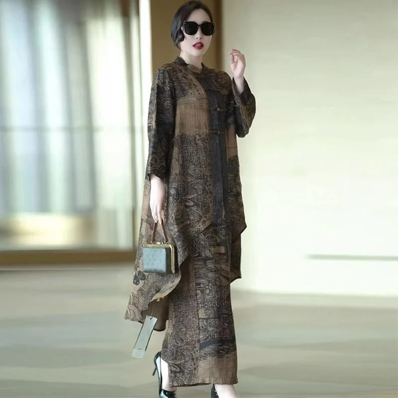 Retro Asymmetrical Top And Wide-leg Pants Two-piece Set — image 2