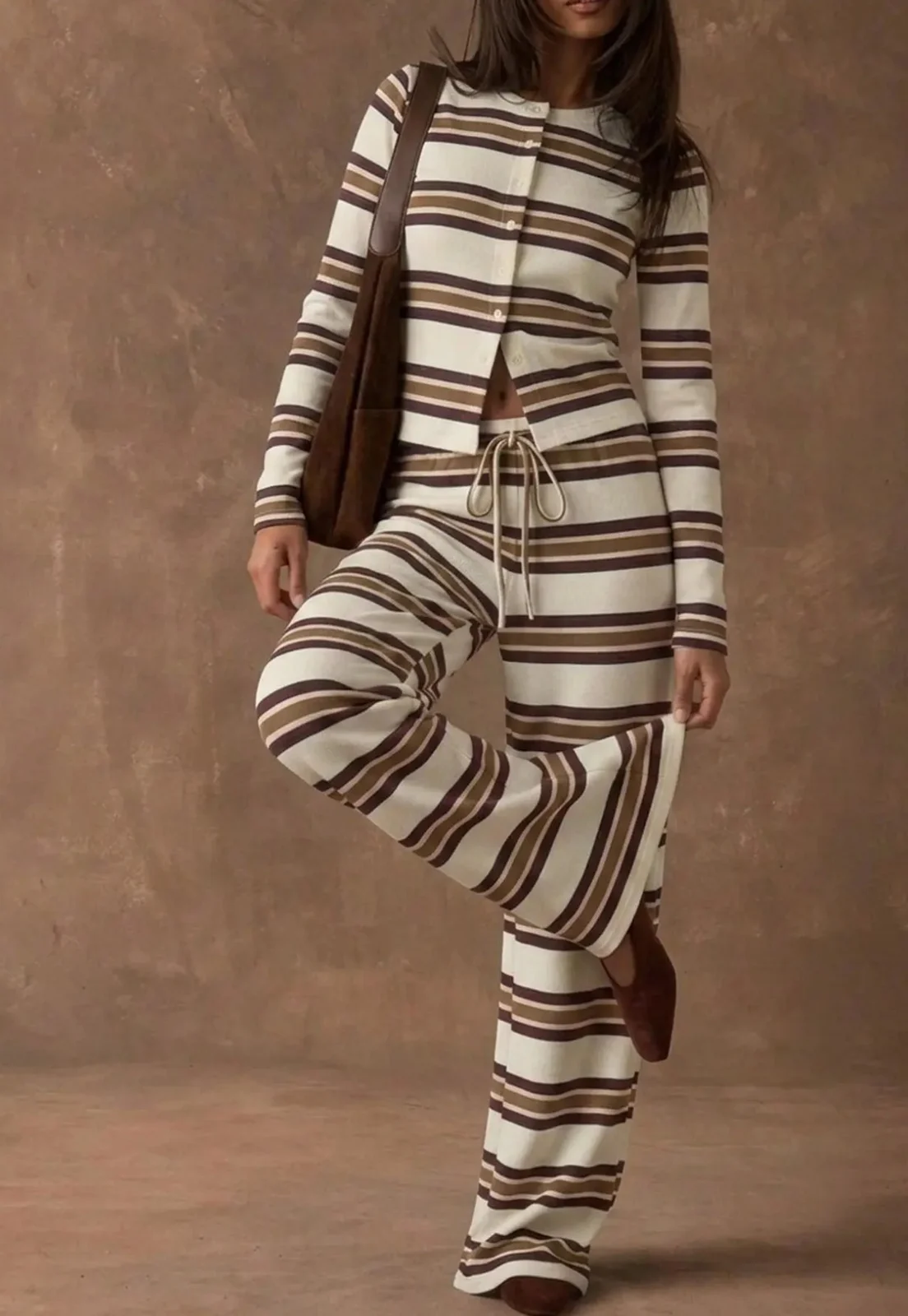Retro Color-block Striped Pajamas Womens Long-sleeve Wide-leg Pants Loungewear… — image 7