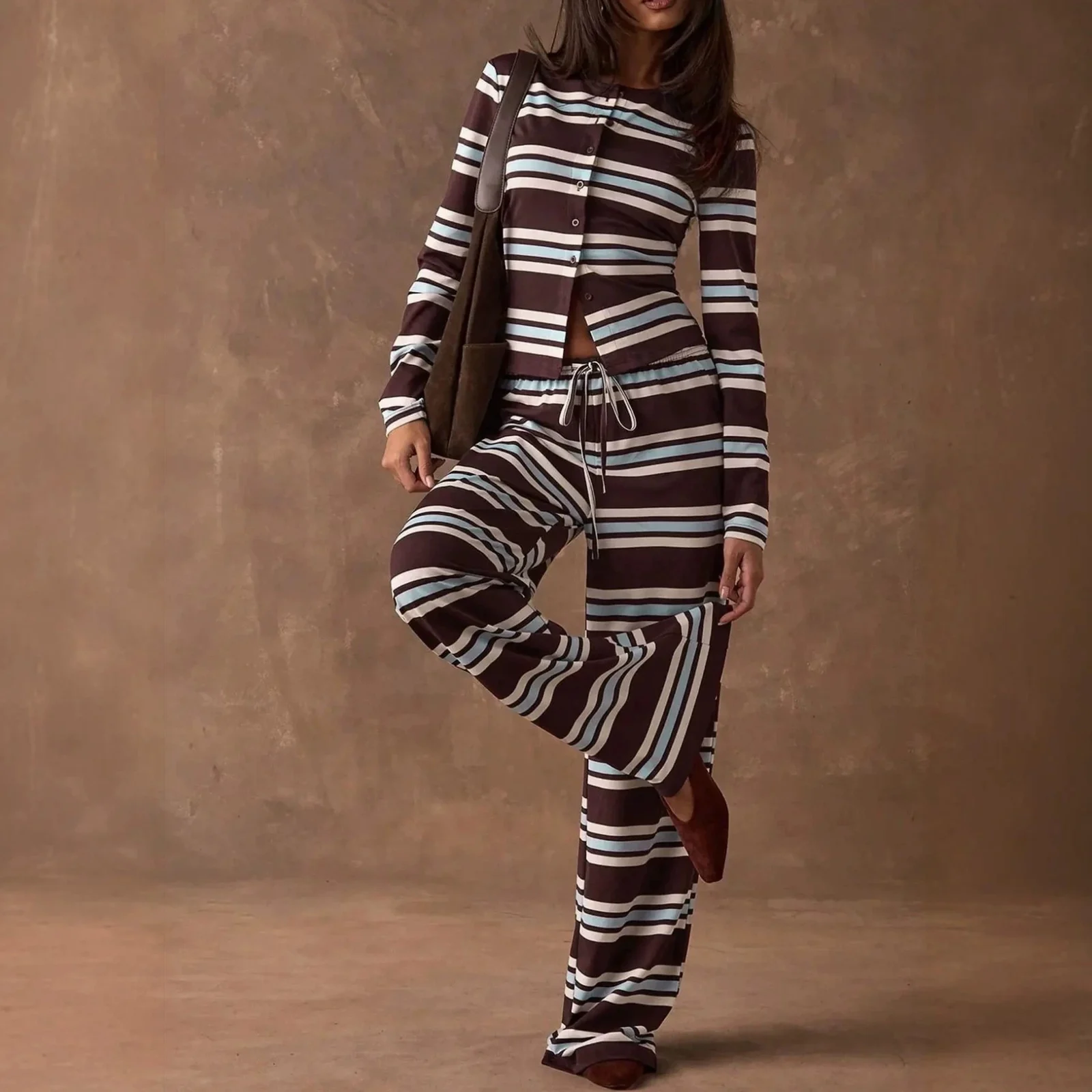 Retro Color-block Striped Pajamas Womens Long-sleeve Wide-leg Pants Loungewear… — image 2