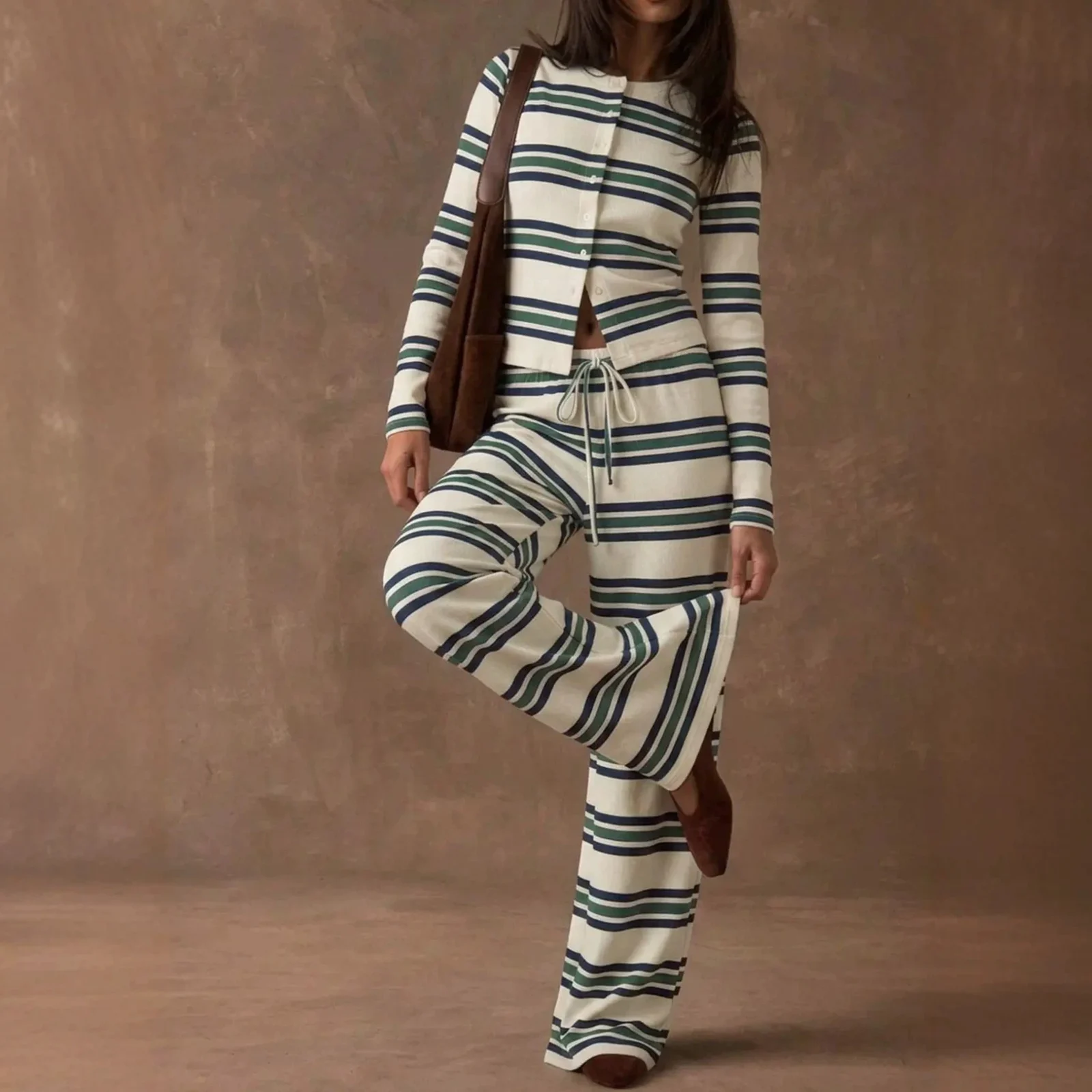 Retro Color-block Striped Pajamas Womens Long-sleeve Wide-leg Pants Loungewear… — image 5