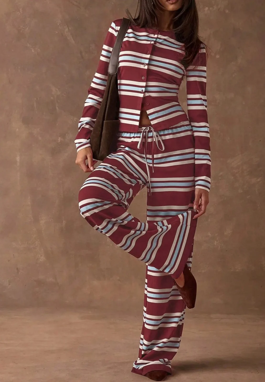 Retro Color-block Striped Pajamas Womens Long-sleeve Wide-leg Pants Loungewear… — image 4