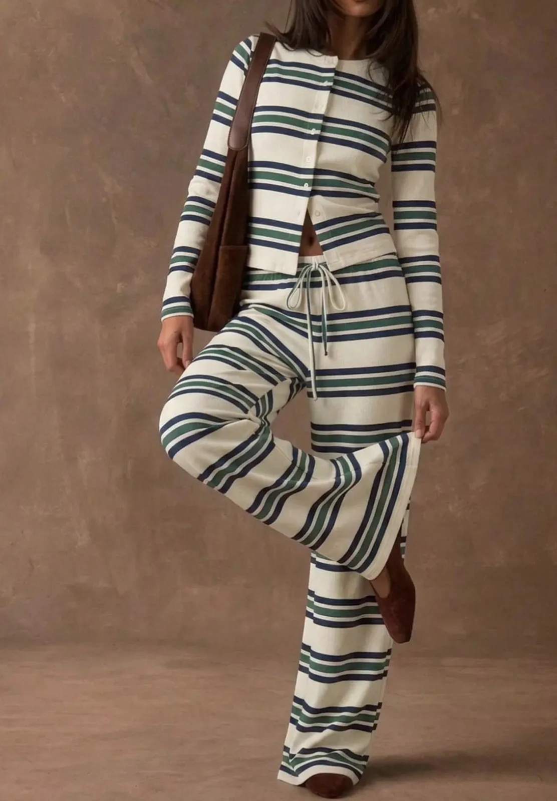 Retro Color-block Striped Pajamas Womens Long-sleeve Wide-leg Pants Loungewear… — image 8