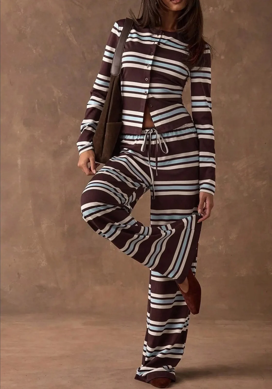 Retro Color-block Striped Pajamas Womens Long-sleeve Wide-leg Pants Loungewear… — image 9