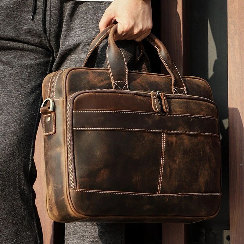 Retro Crazy Horse Leather Multi-functional Shoulder Briefcase — image 6