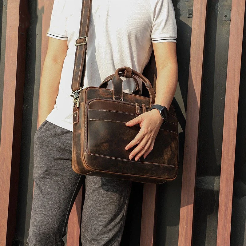 Retro Crazy Horse Leather Multi-functional Shoulder Briefcase — image 2