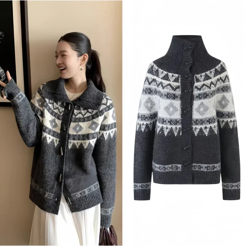 Retro Fair Isle Knit Sweater For Autumn And Winter High-end Sophistication — image 3