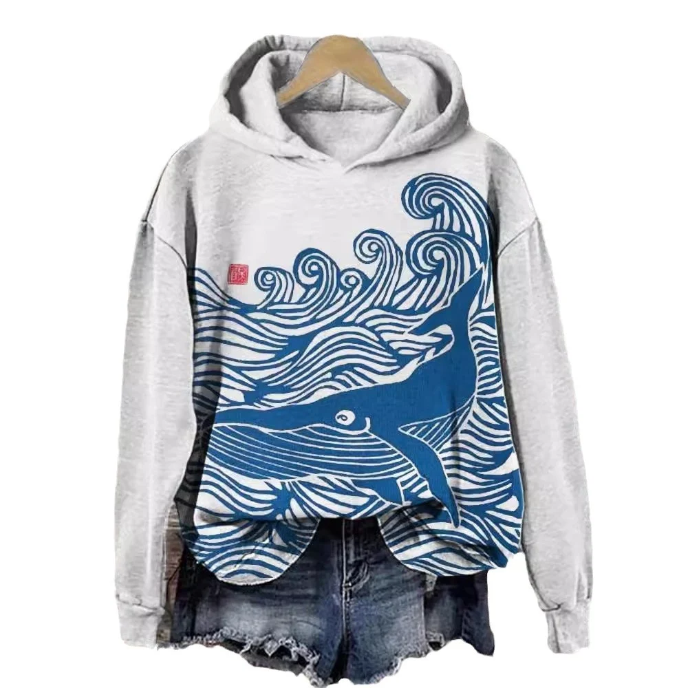 Retro Japanese Mallow Wave Print Comfortable Patchwork Hoodie — image 6