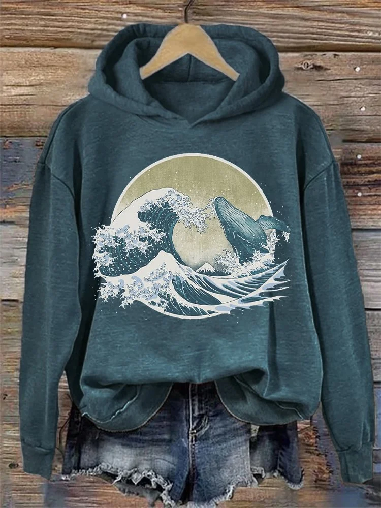 Retro Japanese Mallow Wave Print Comfortable Patchwork Hoodie — image 4