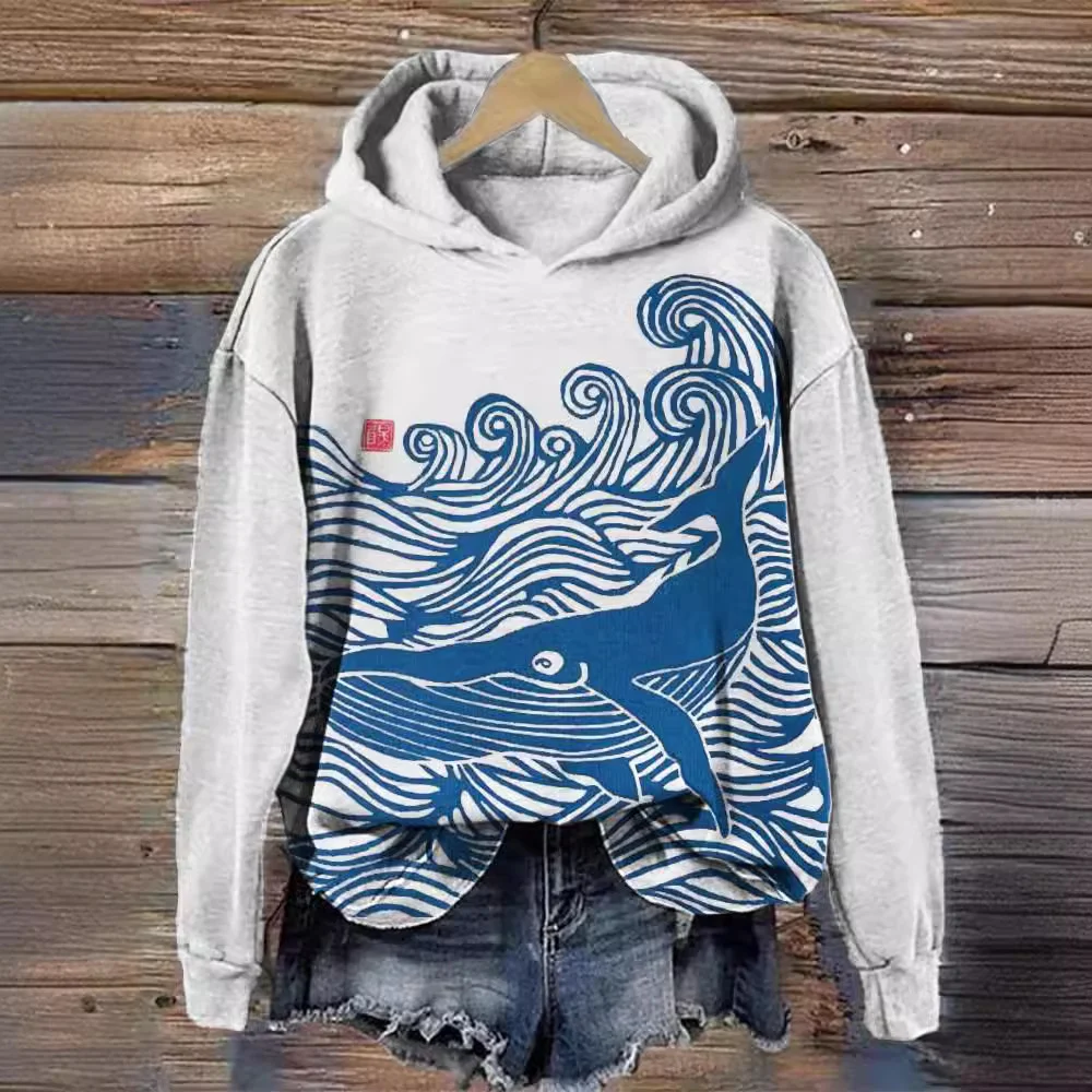 Retro Japanese Mallow Wave Print Comfortable Patchwork Hoodie — image 5