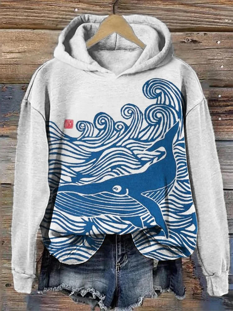 Retro Japanese Mallow Wave Print Comfortable Patchwork Hoodie — image 7