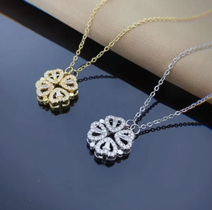 Retro Magnetic Folding Heart Shaped Four Leaf Clover Pendant Necklace Women Love… — image 10