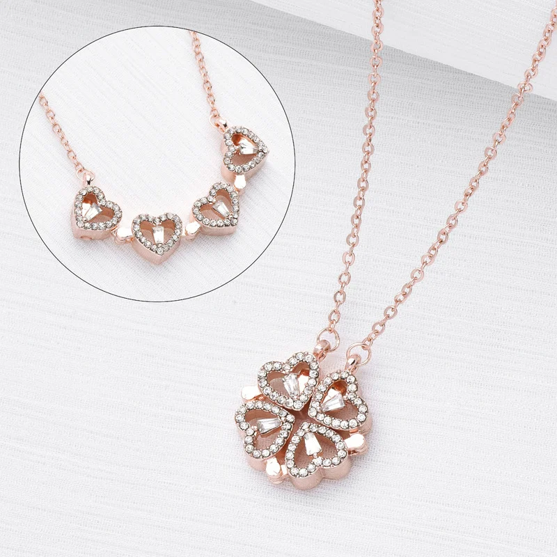 Retro Magnetic Folding Heart Shaped Four Leaf Clover Pendant Necklace Women Love… — image 8