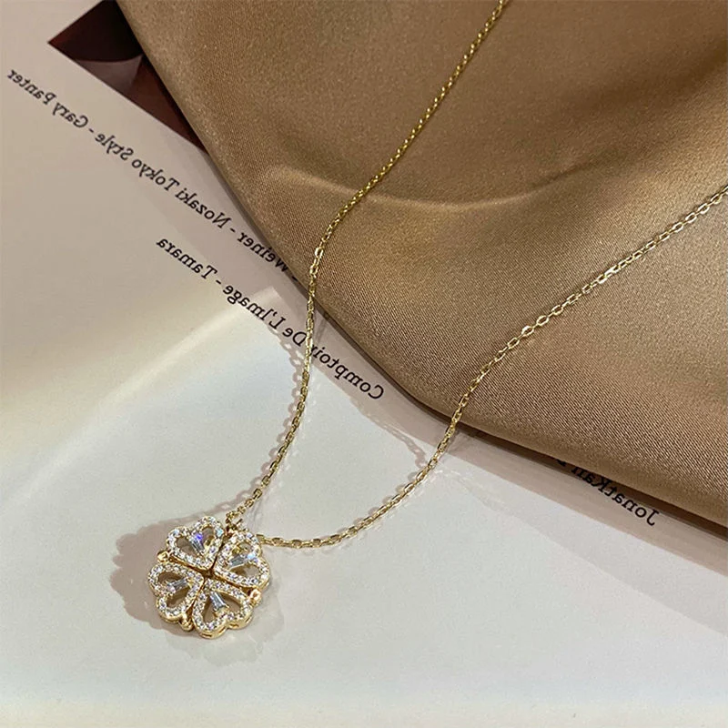 Retro Magnetic Folding Heart Shaped Four Leaf Clover Pendant Necklace Women Love… — image 4