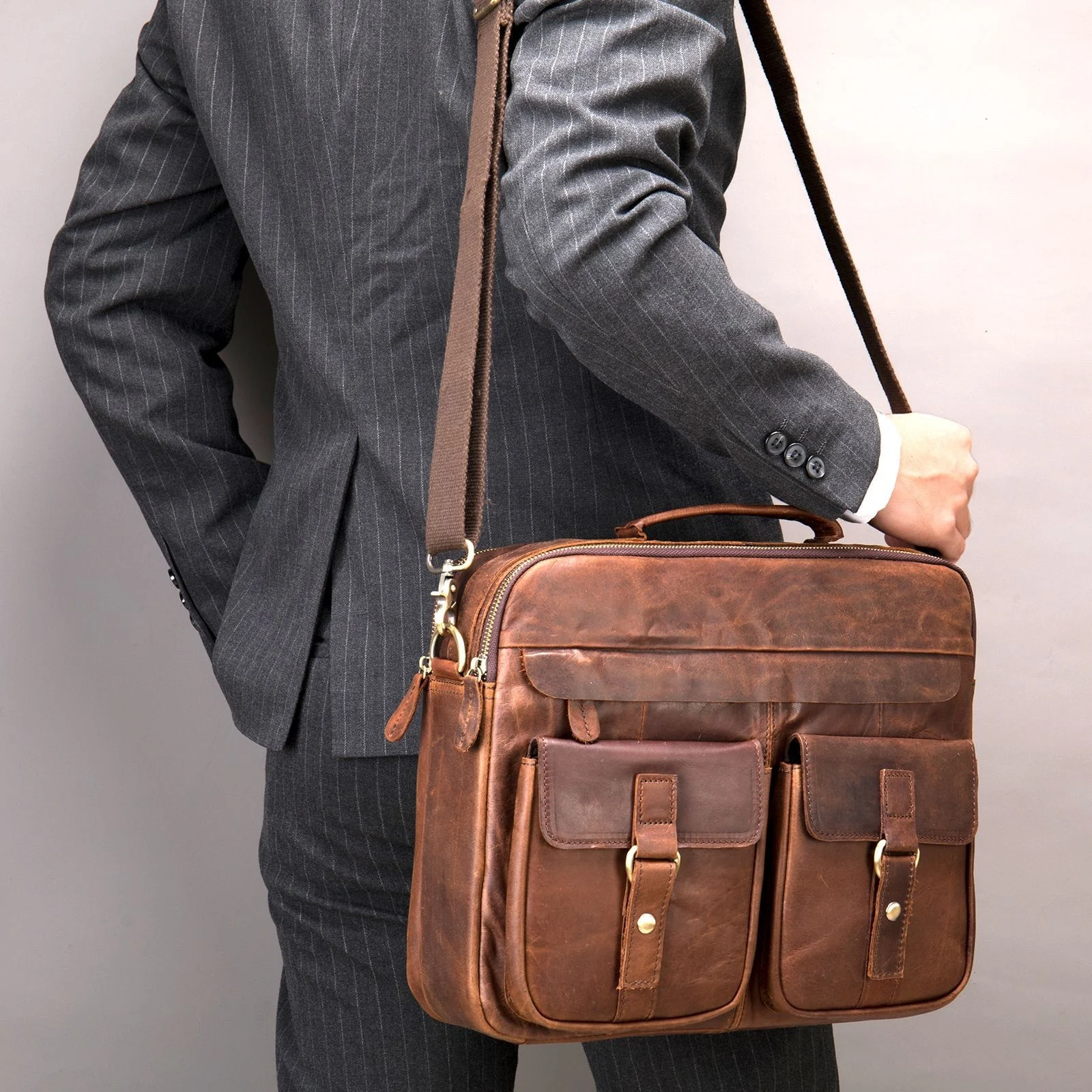 Retro Mens Shoulder Crossbody Bag Full-grain Leather Handbag Business Briefcase — image 5