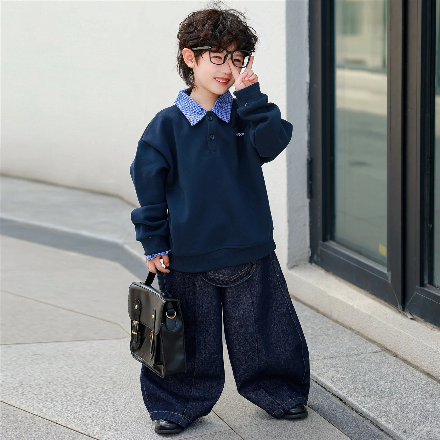 Retro Parent-child Outfit Plaid Patchwork Shirt-collar Hoodie Faux Two-piece Pullover Top — image 5