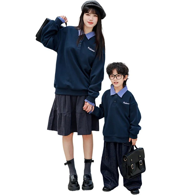 Retro Parent-child Outfit Plaid Patchwork Shirt-collar Hoodie Faux Two-piece Pullover Top — image 1