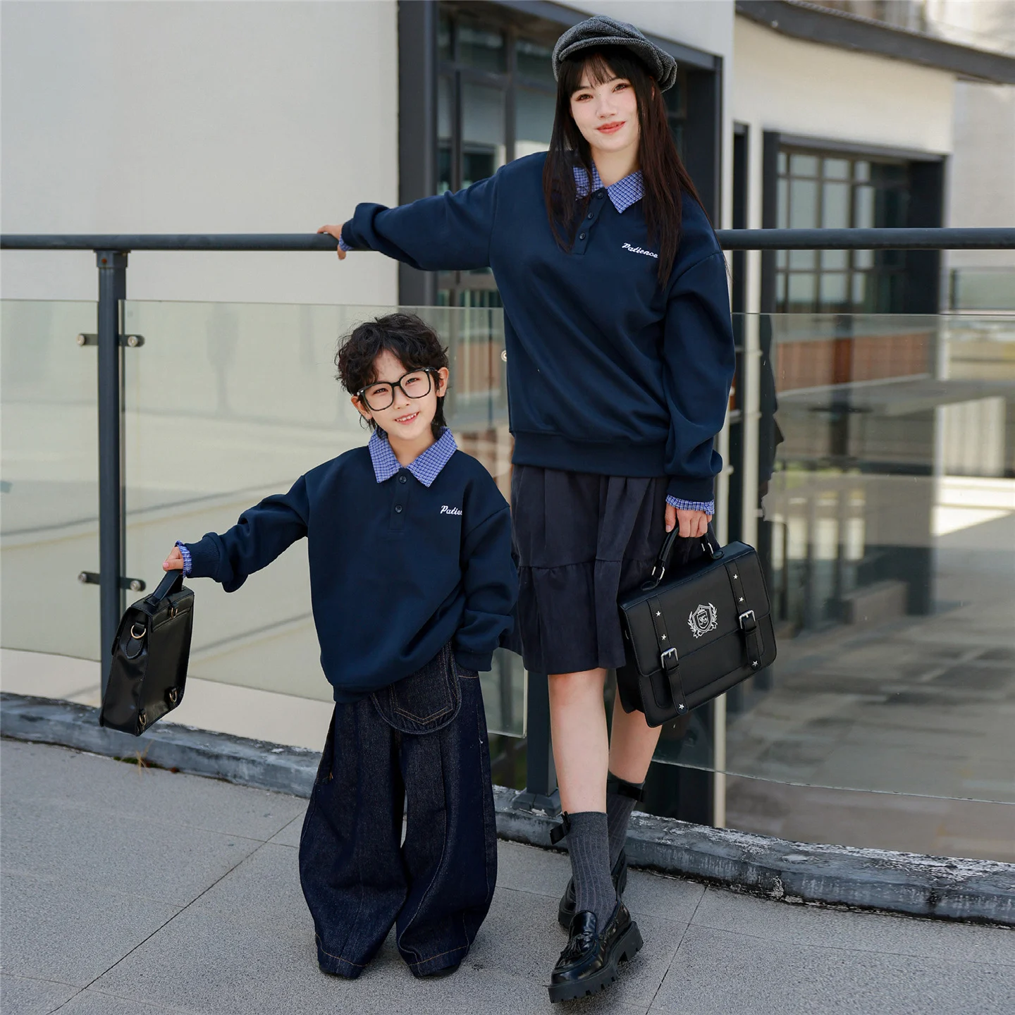 Retro Parent-child Outfit Plaid Patchwork Shirt-collar Hoodie Faux Two-piece Pullover Top — image 6