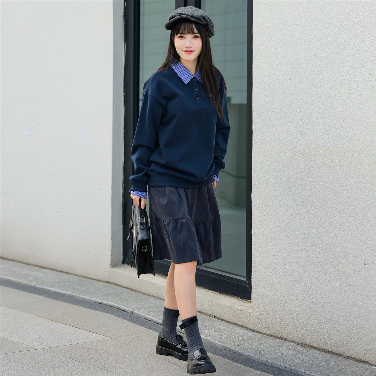 Retro Parent-child Outfit Plaid Patchwork Shirt-collar Hoodie Faux Two-piece Pullover Top — image 3