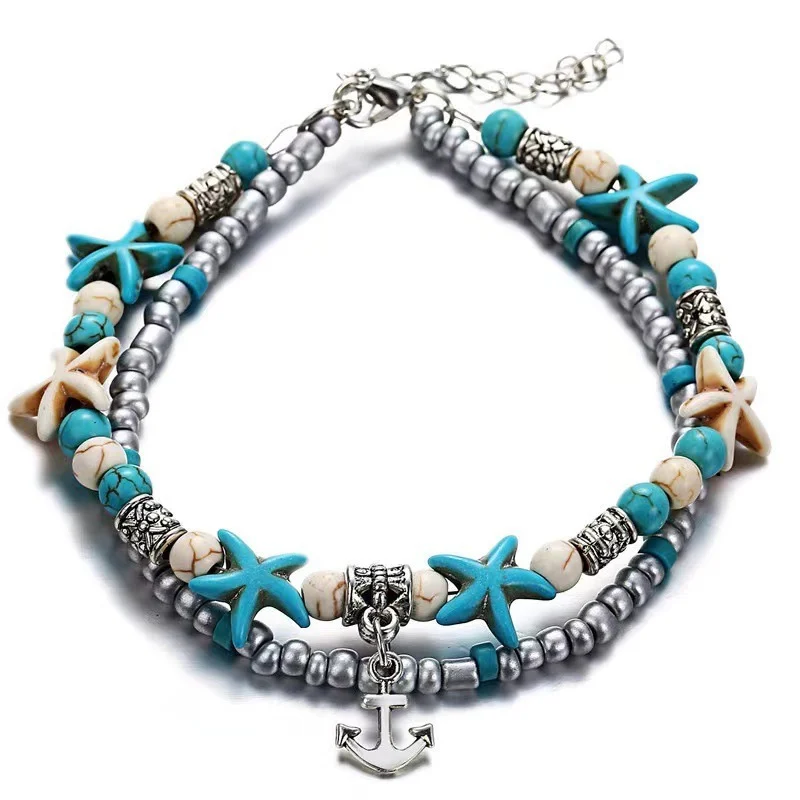 Retro Rice Grain Pearl Turtle Scallop Alloy Pendant Anklet — image 1