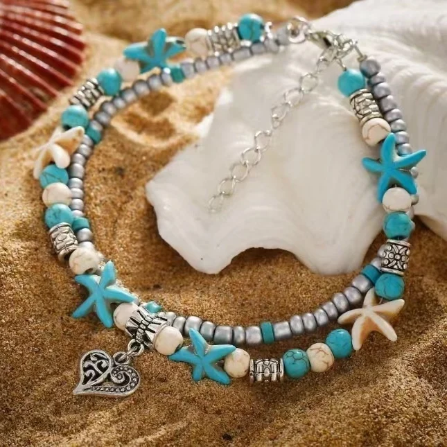 Retro Rice Grain Pearl Turtle Scallop Alloy Pendant Anklet — image 4