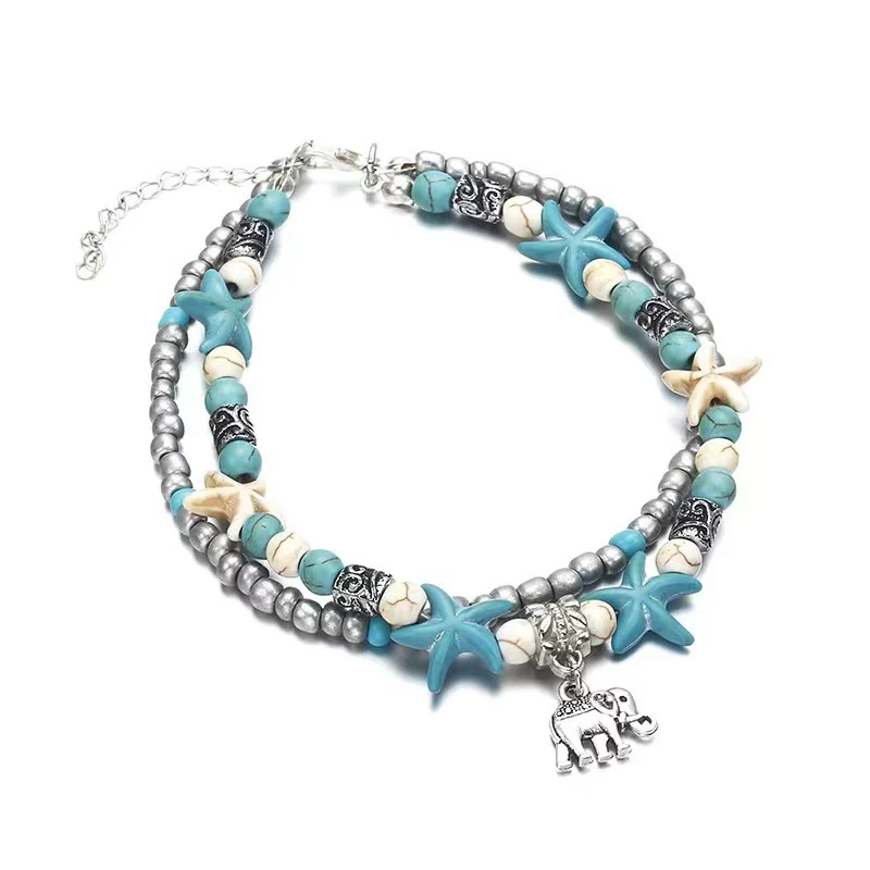Retro Rice Grain Pearl Turtle Scallop Alloy Pendant Anklet — image 3
