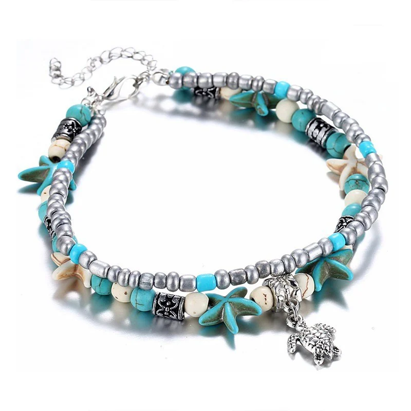 Retro Rice Grain Pearl Turtle Scallop Alloy Pendant Anklet — image 2