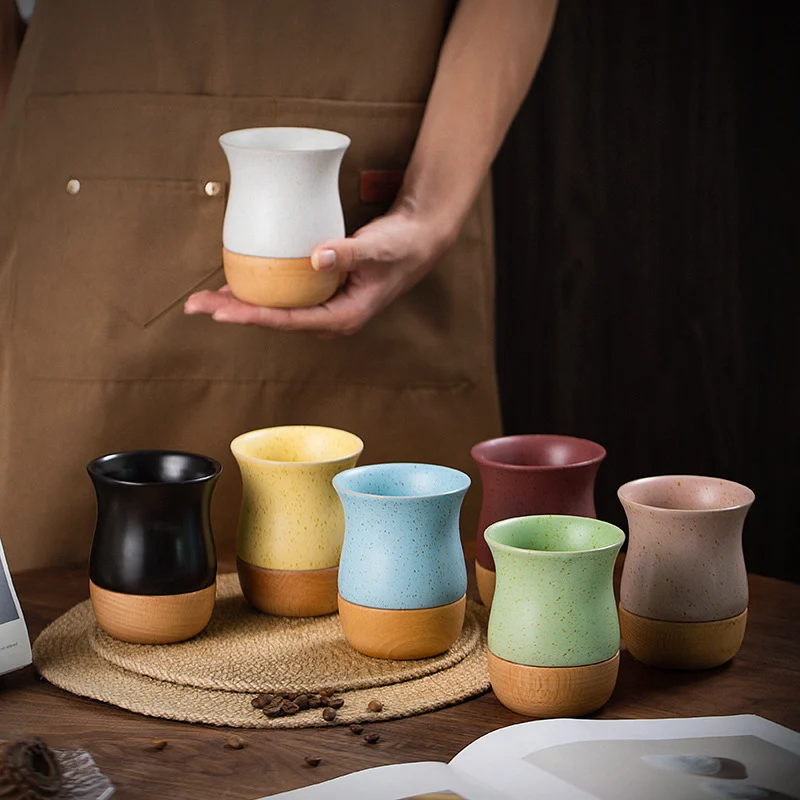 Retro Solid Wood Base Stoneware Coffee Cup — image 4