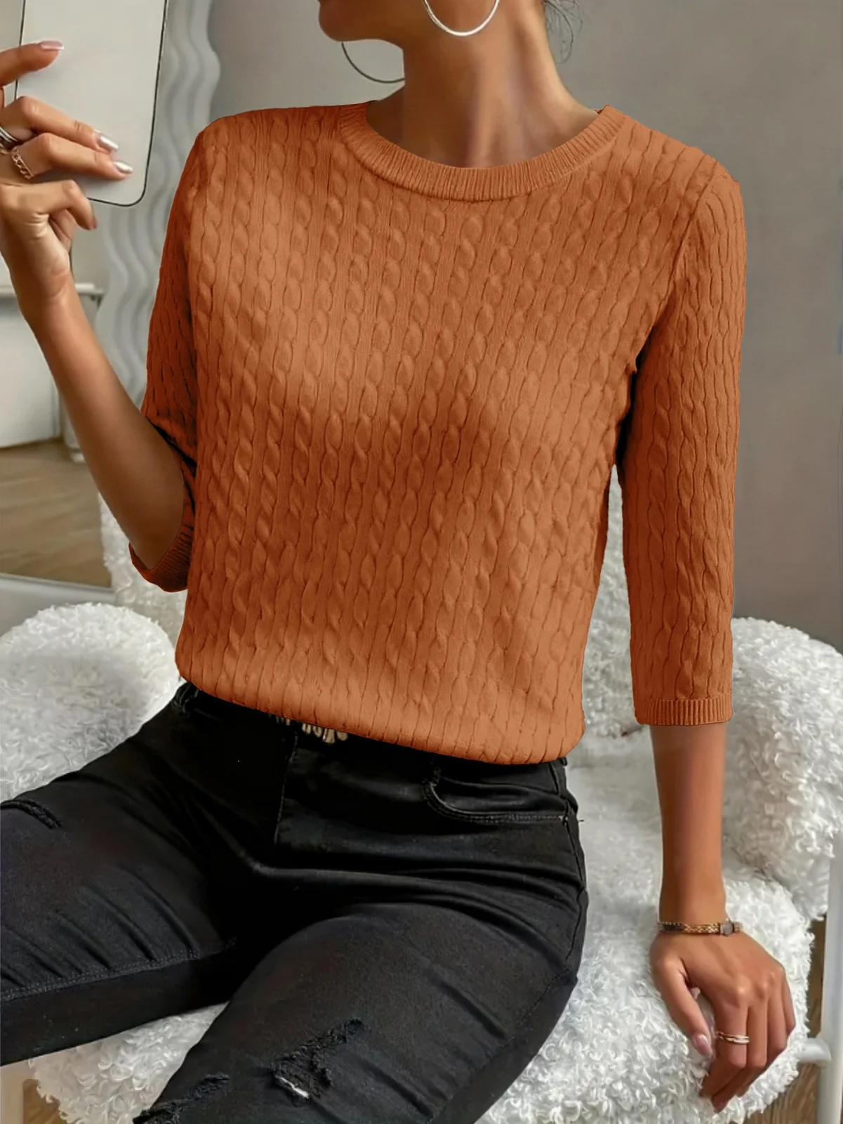 Round Neck Commuter Pure Color All-matching Sweaters Half Sleeve Multicolor — image 7