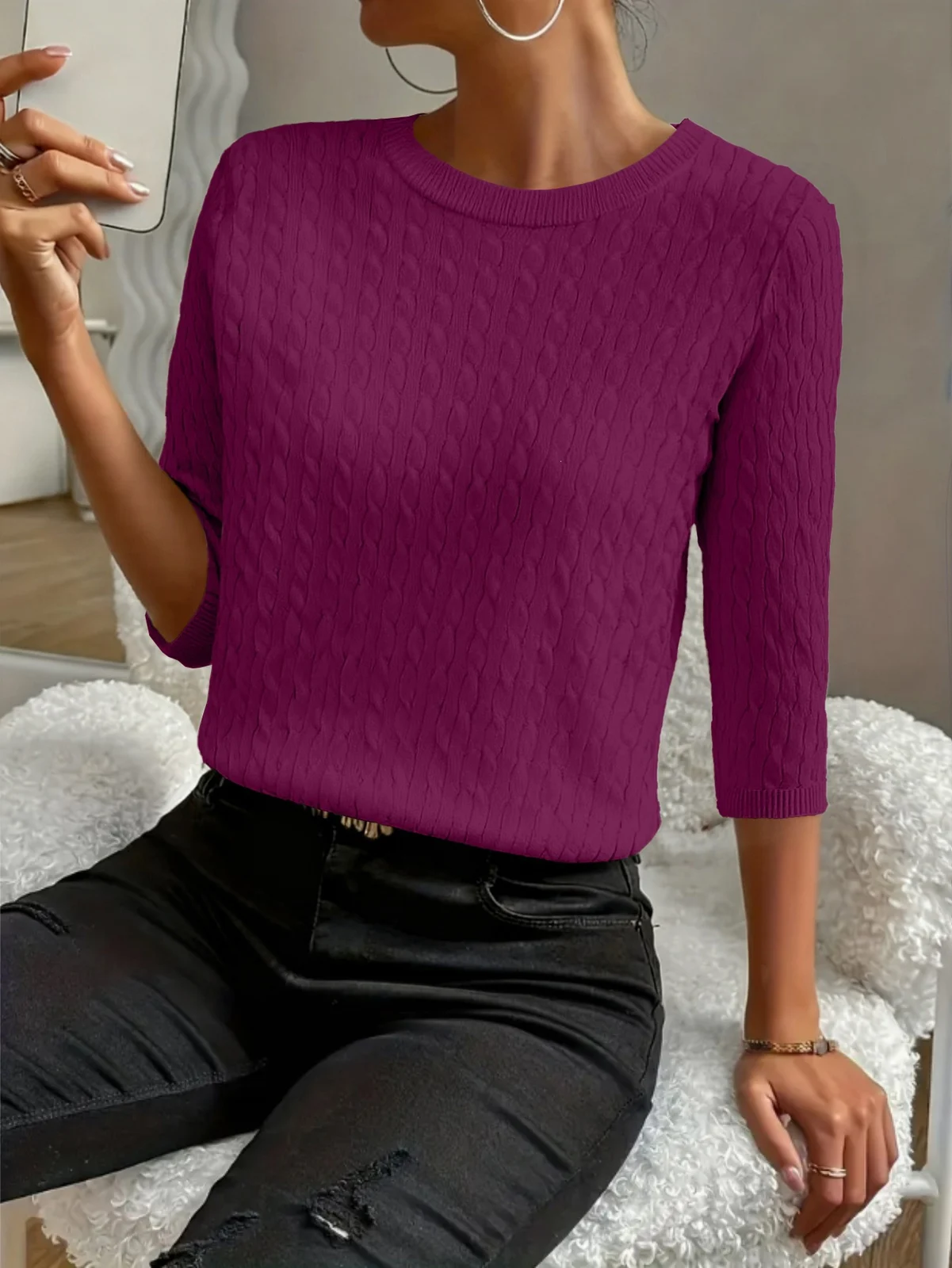 Round Neck Commuter Pure Color All-matching Sweaters Half Sleeve Multicolor — image 14