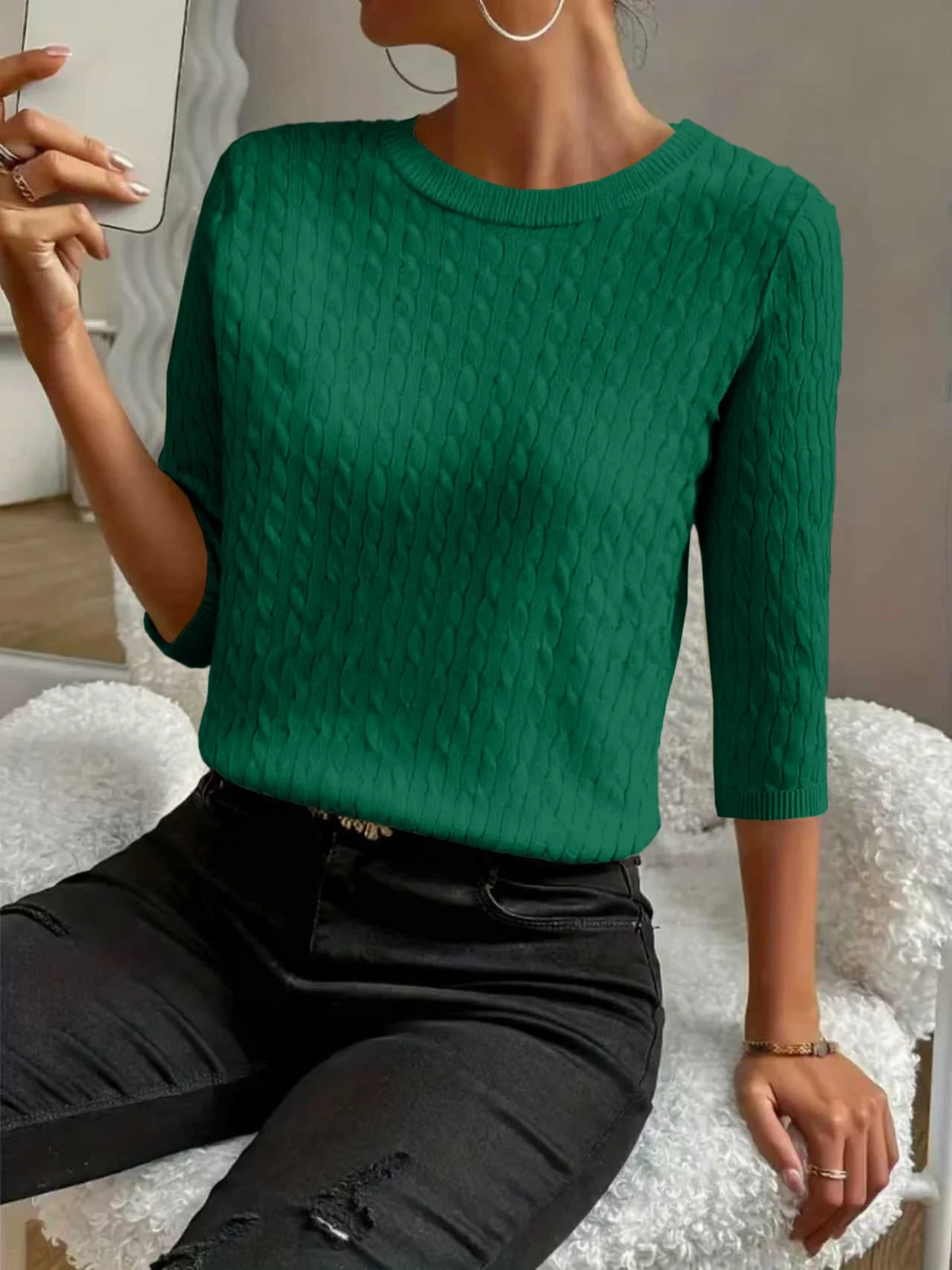 Round Neck Commuter Pure Color All-matching Sweaters Half Sleeve Multicolor — image 15