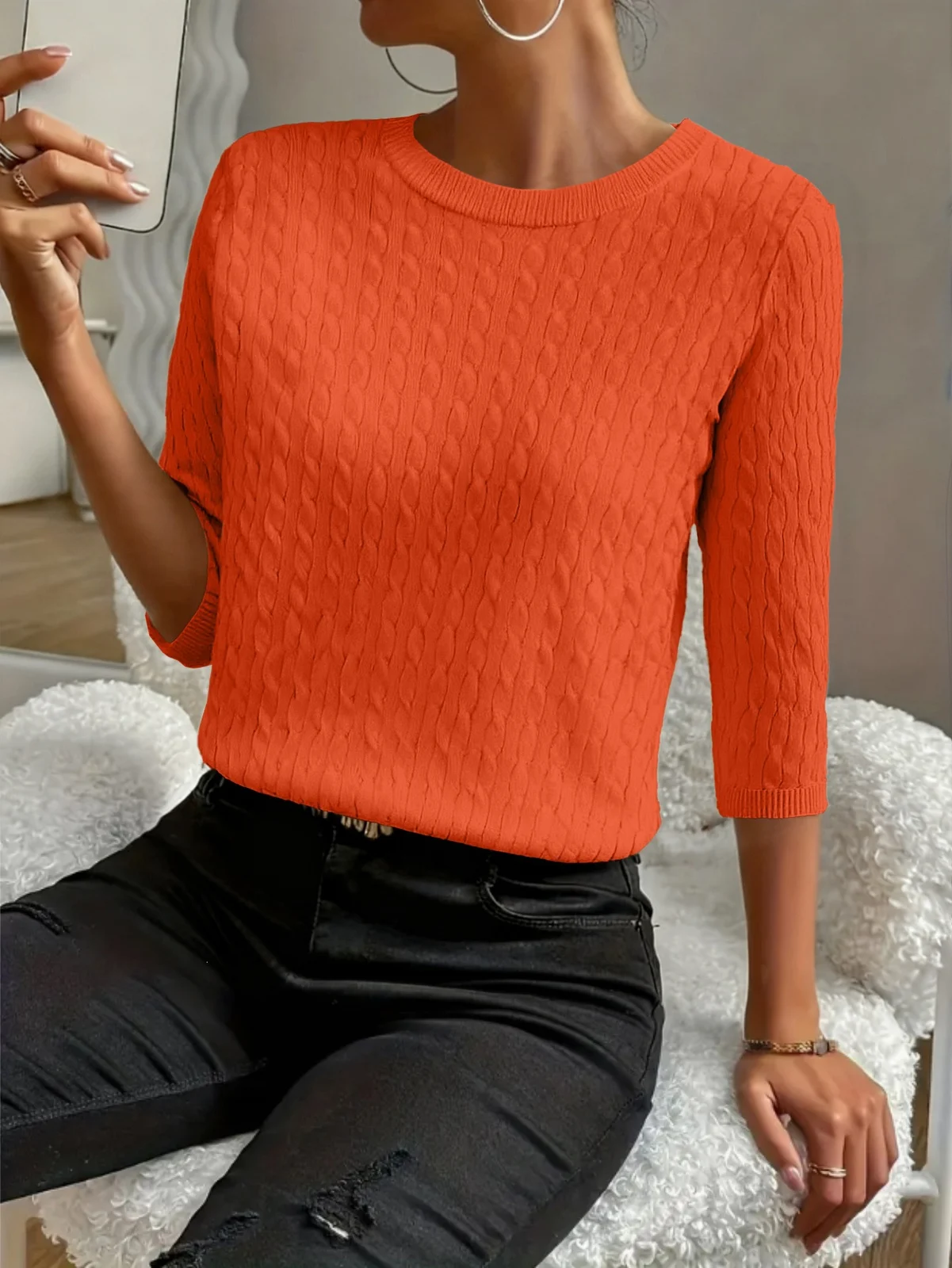 Round Neck Commuter Pure Color All-matching Sweaters Half Sleeve Multicolor — image 16