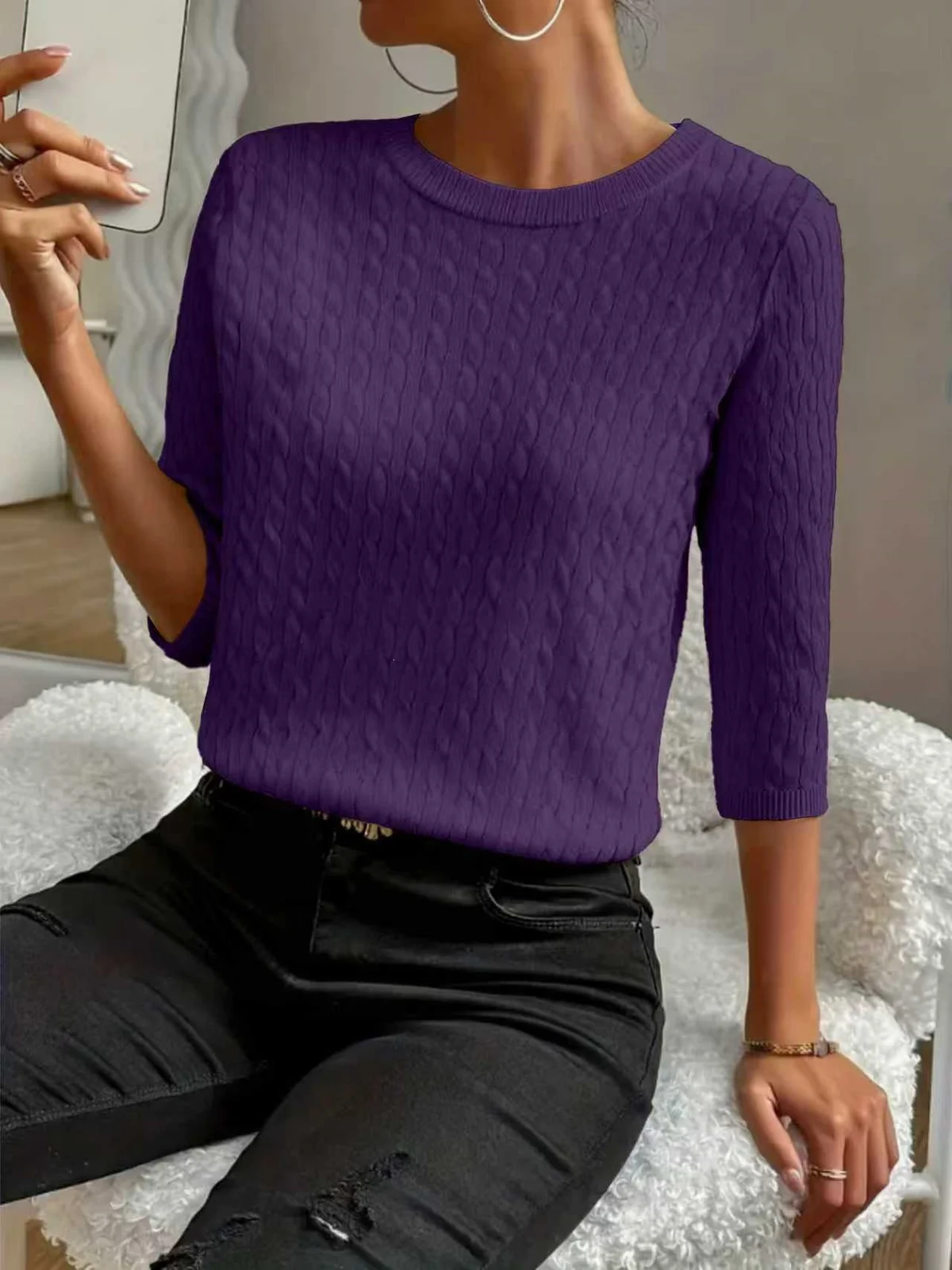 Round Neck Commuter Pure Color All-matching Sweaters Half Sleeve Multicolor — image 17