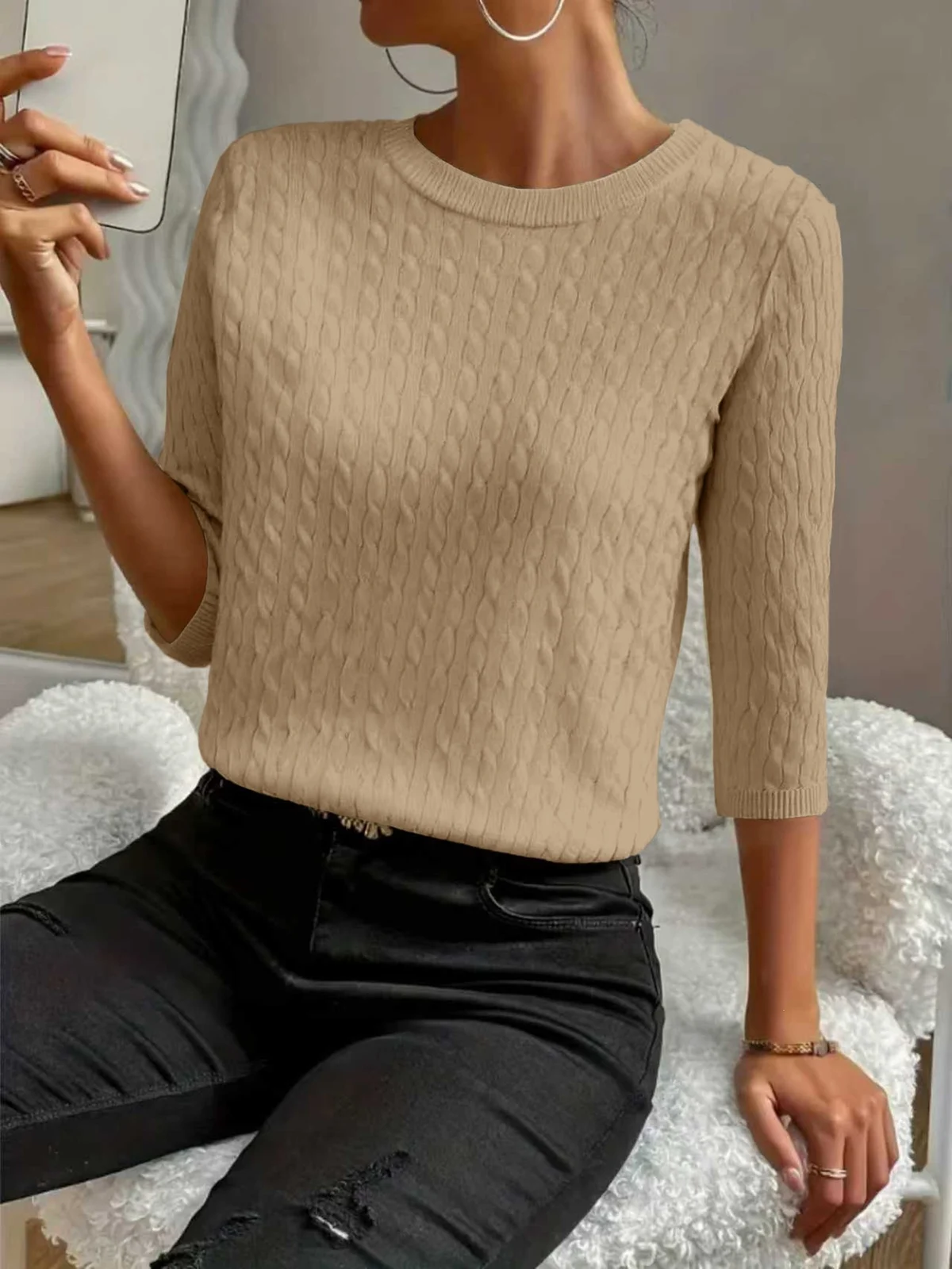 Round Neck Commuter Pure Color All-matching Sweaters Half Sleeve Multicolor — image 19