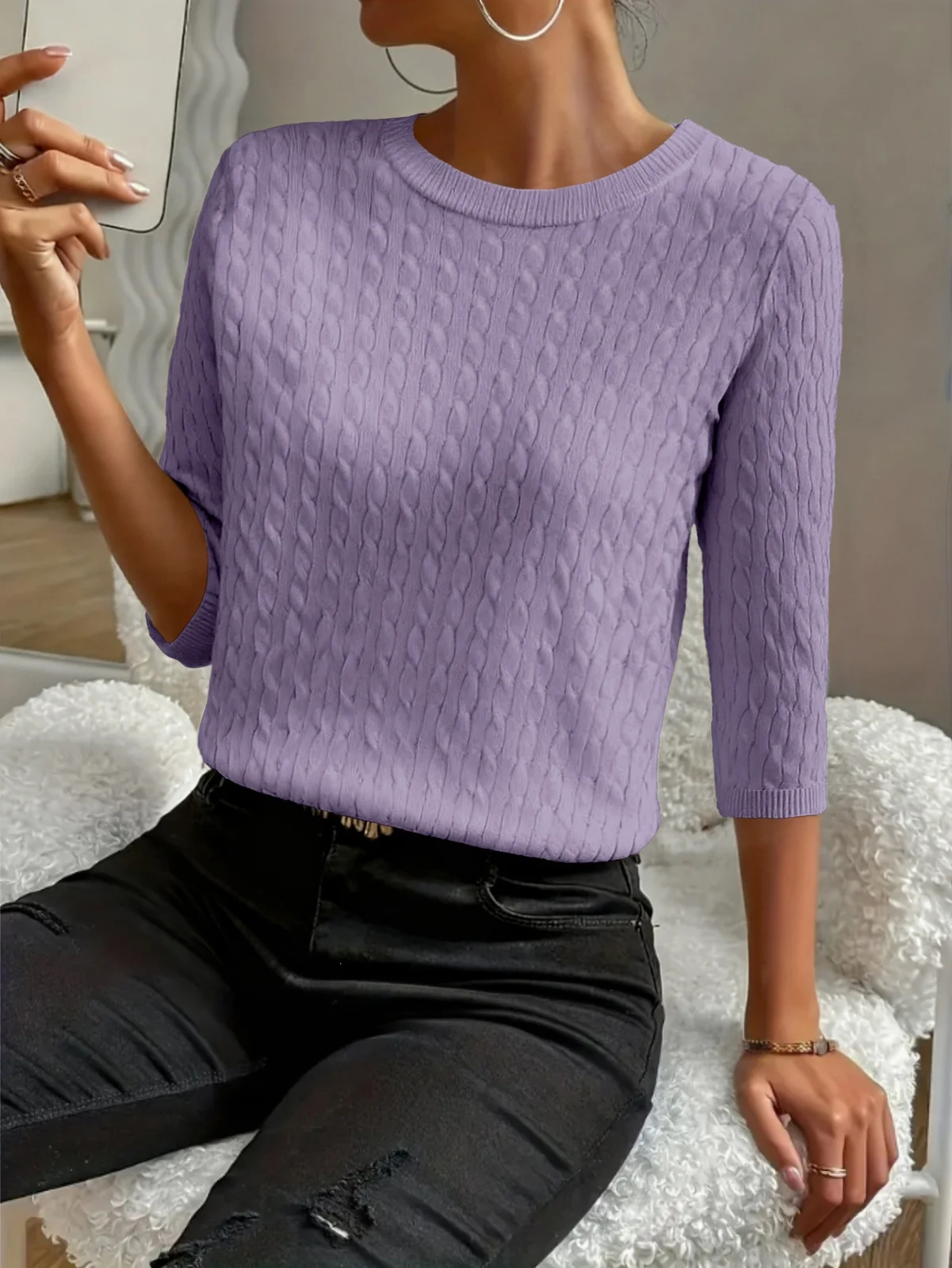 Round Neck Commuter Pure Color All-matching Sweaters Half Sleeve Multicolor — image 4