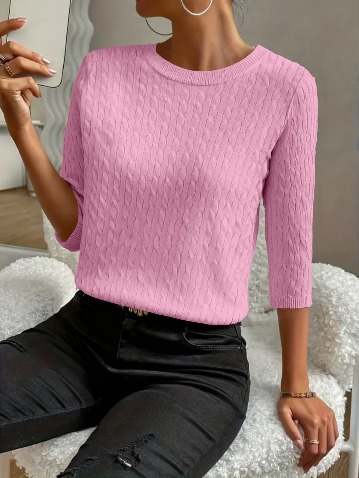 Round Neck Commuter Pure Color All-matching Sweaters Half Sleeve Multicolor — image 5