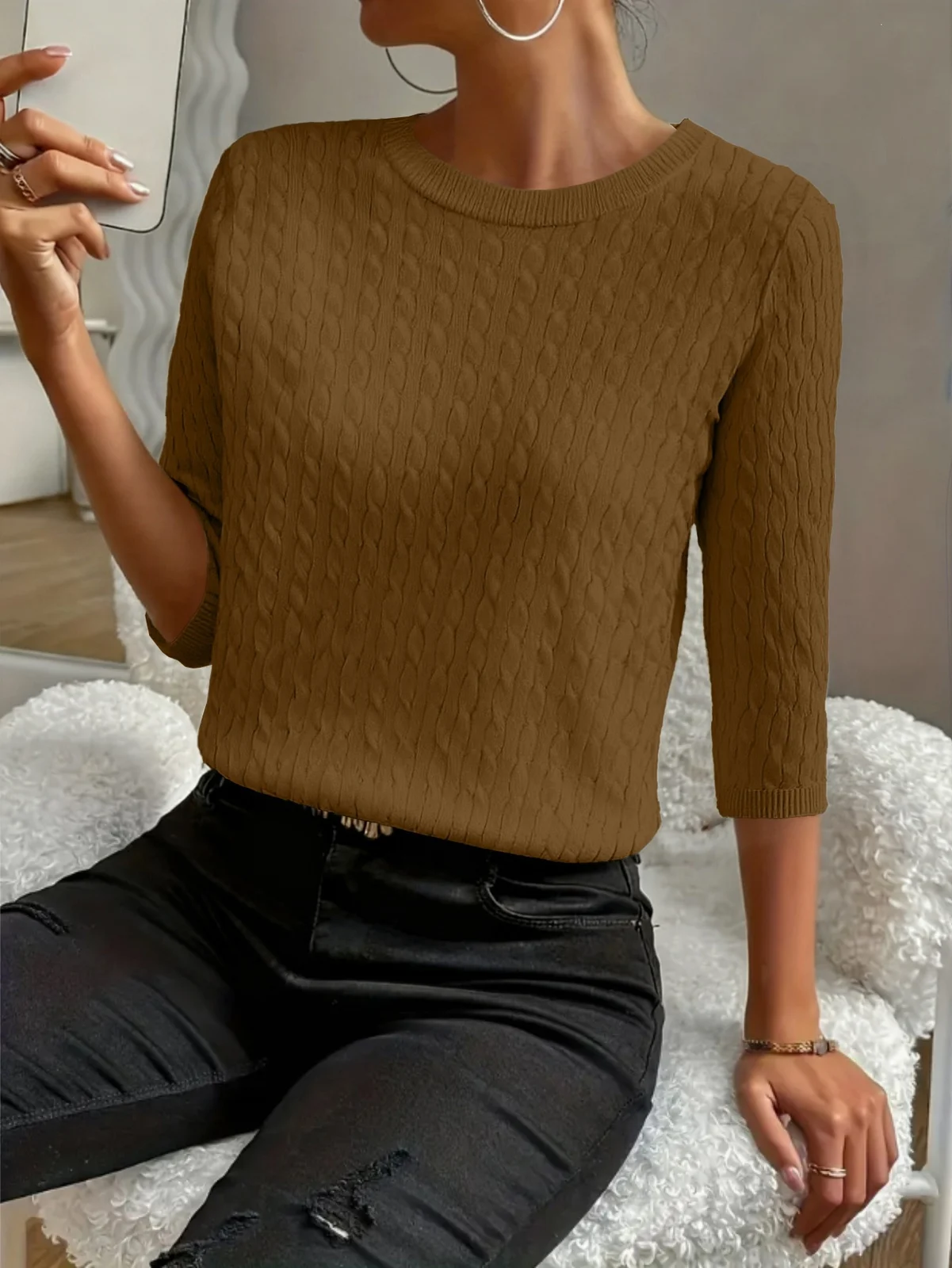 Round Neck Commuter Pure Color All-matching Sweaters Half Sleeve Multicolor — image 11