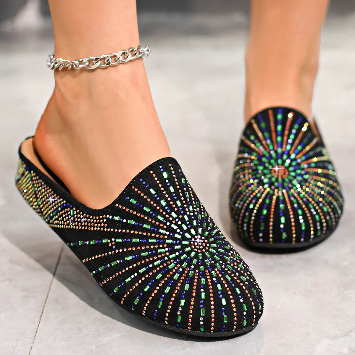 Round-toe Colorful Rhinestone Outerwear Flat Mule For Women — image 3