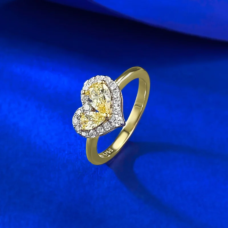 S925 Silver Pear-shaped Yellow Diamond Heart-shaped Ring For Women — image 2