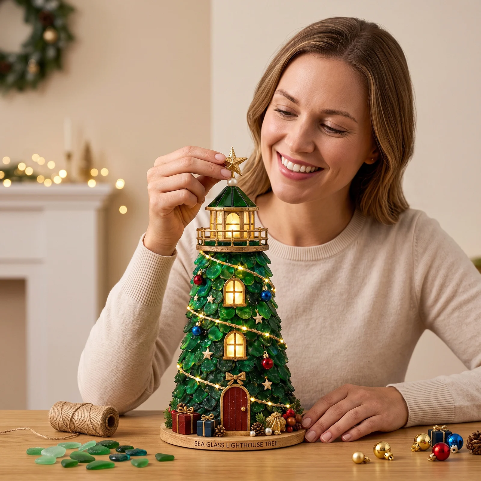 Santa Claus Glass-textured Lighthouse Holiday Ornament — image 3