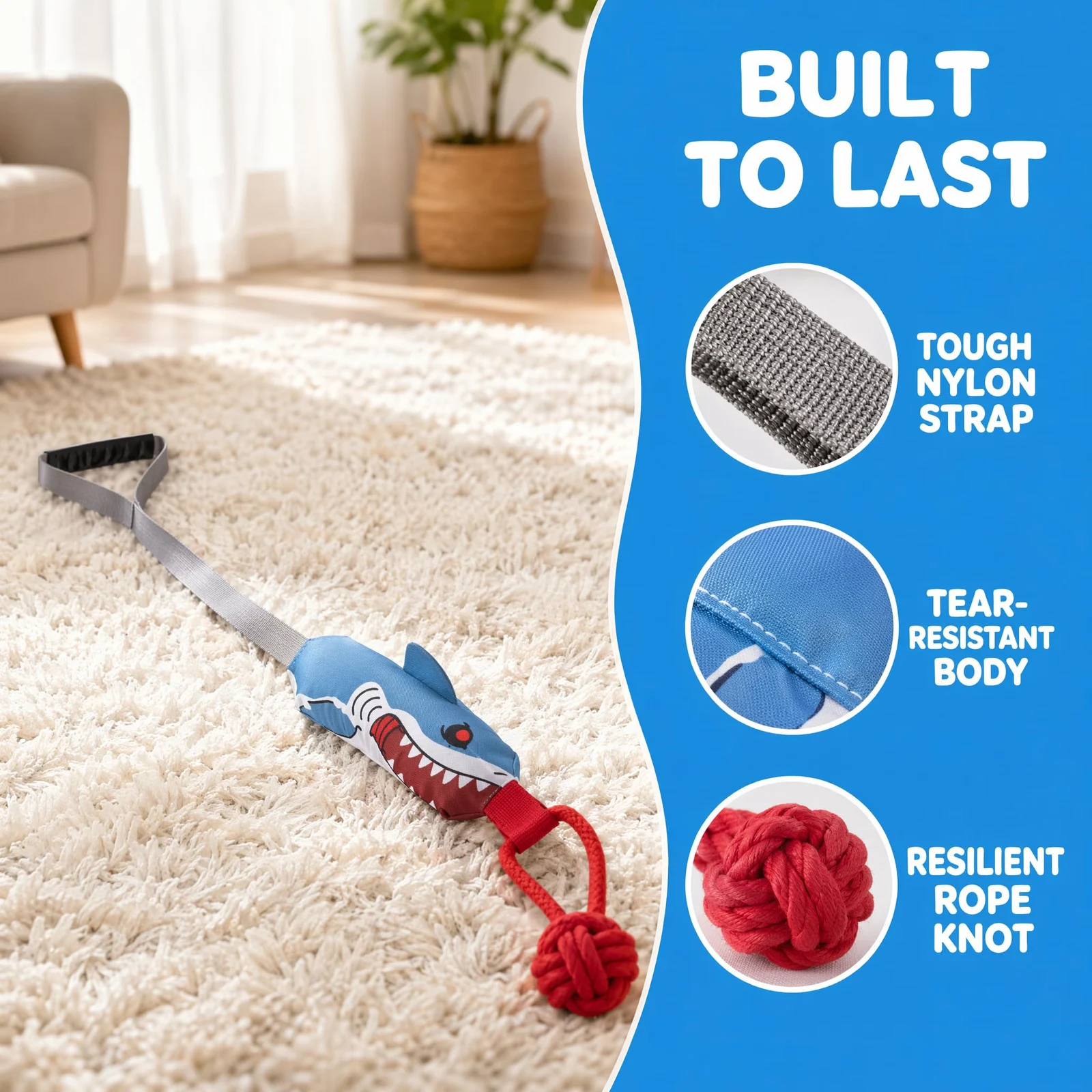 Shark Dog Tug Of War Toy, Interactive Squeaky Rope Chew Toys For Dogs — image 5