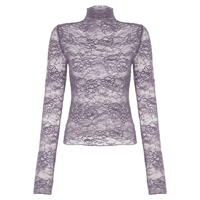Sheer Lace Mock-neck Long-sleeve Spicy Girl Top — image 2