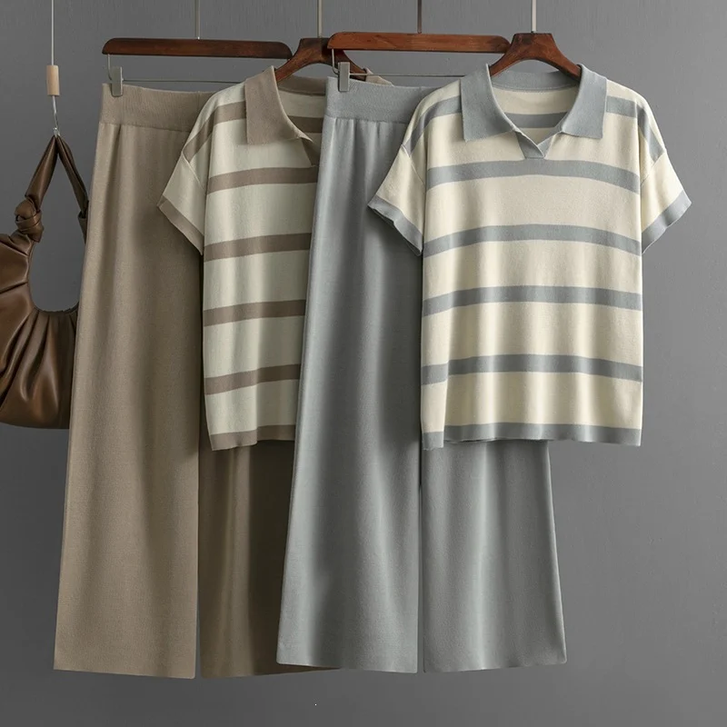 Short-sleeve Knit Top And Solid-color Loose Wide-leg Pants Two-piece Set — image 7