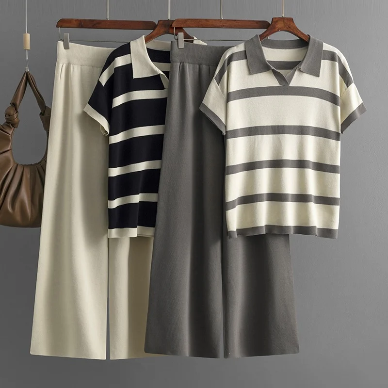 Short-sleeve Knit Top And Solid-color Loose Wide-leg Pants Two-piece Set — image 1