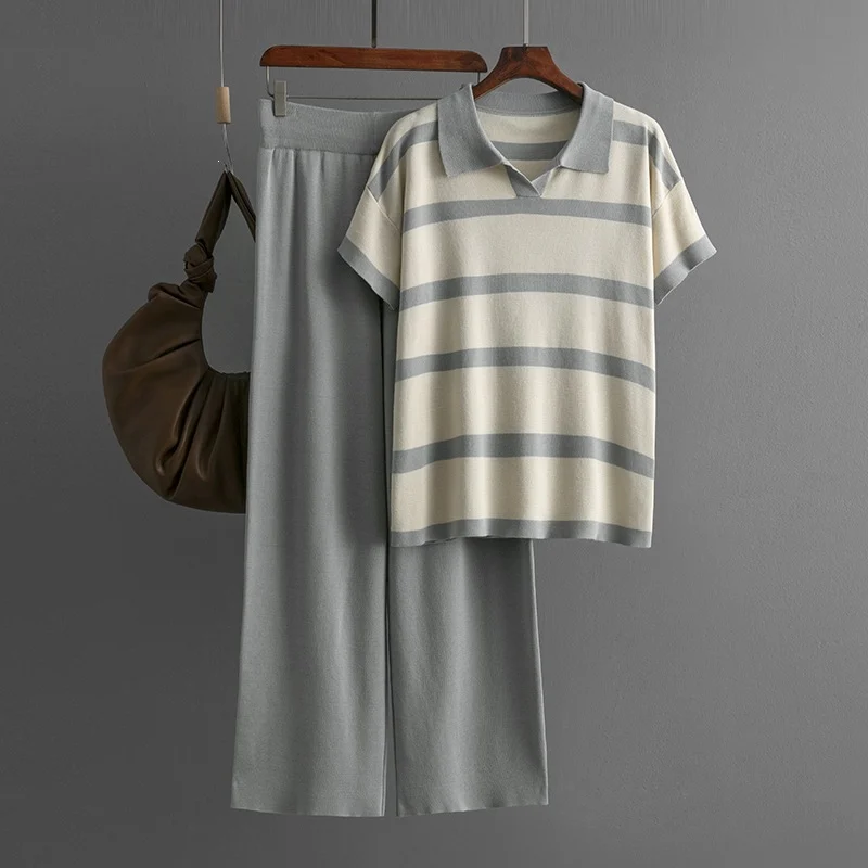 Short-sleeve Knit Top And Solid-color Loose Wide-leg Pants Two-piece Set — image 5