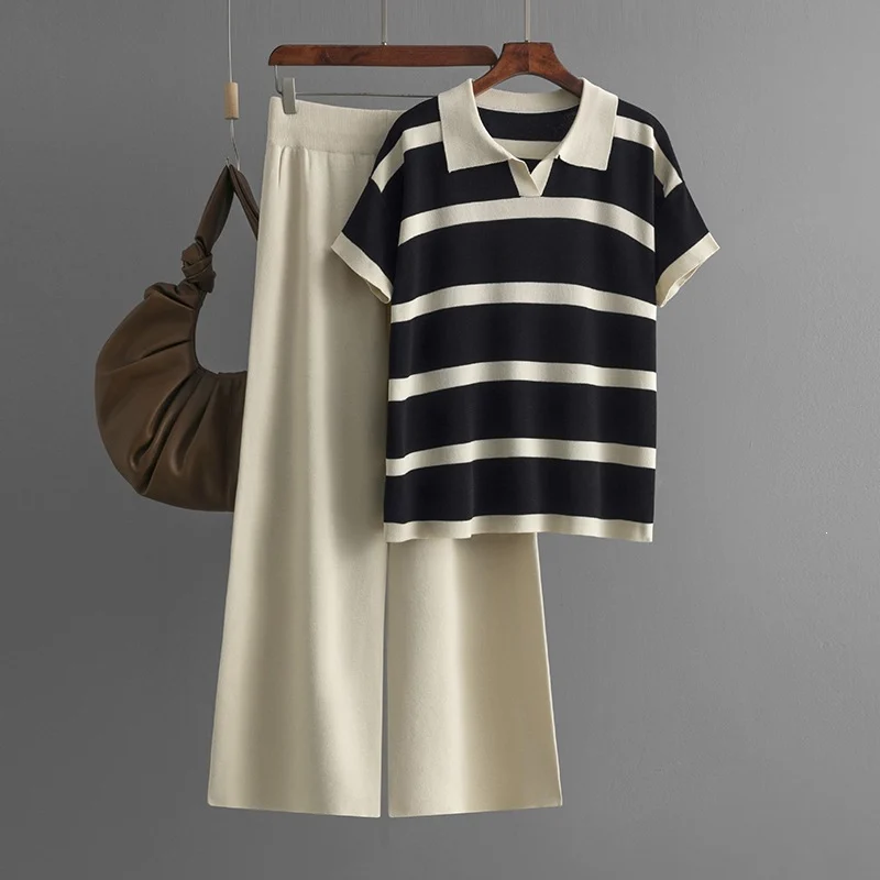 Short-sleeve Knit Top And Solid-color Loose Wide-leg Pants Two-piece Set — image 6