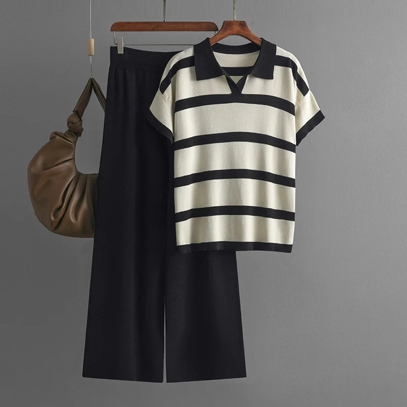 Short-sleeve Knit Top And Solid-color Loose Wide-leg Pants Two-piece Set — image 3